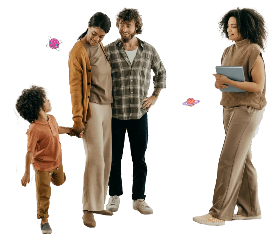 Family of 3 having a friendly conversation with a support agent.