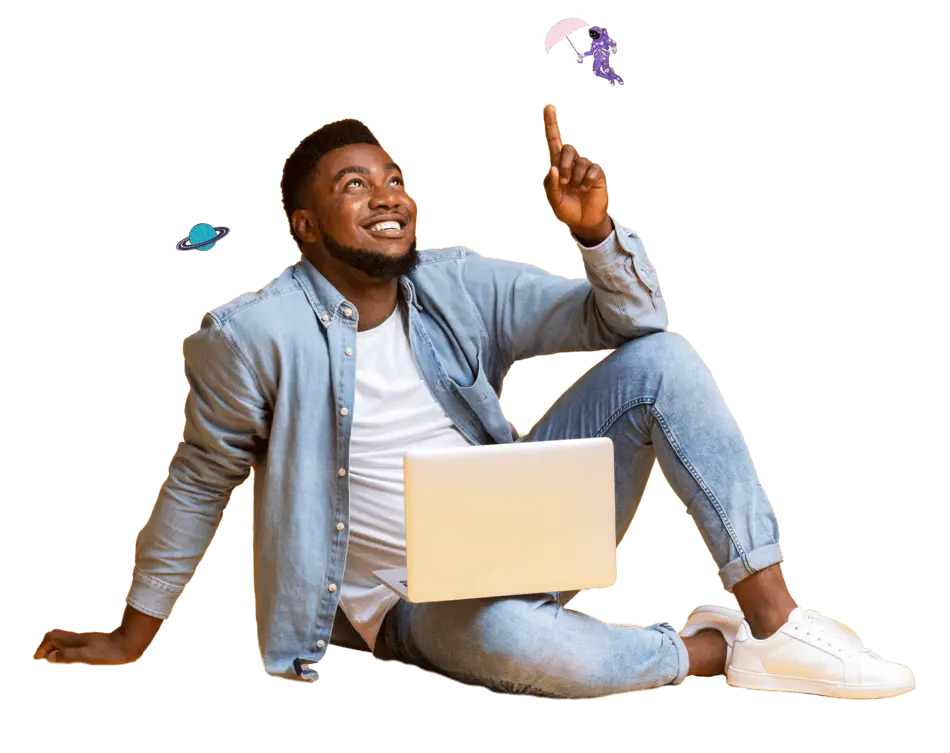 Person with laptop on his lap raising index finger having an idea.